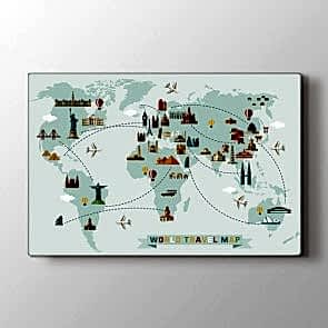 Balonla Dünya Turu Haritası Tablosu | Dünya Haritası Kanvas
