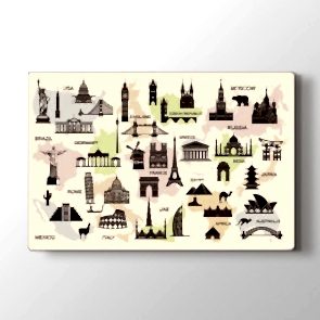 Dünyadaki Mimari İkonlar Tablosu | Harita Kanvas Tablo