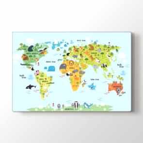 Hayvanlar Alemi Dünya Haritası Tablosu | Dünya Haritası Kanvas
