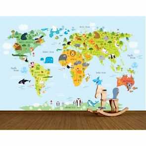 Hayvanlar Alemi Dünya Haritası 3 Boyutlu Duvar Kağıdı
