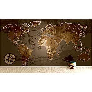 Kahve Tonlarında Dünya Haritası 3 Boyutlu Dekoratif Duvar Kağıdı