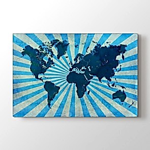 Retro Mavi Dünya Haritası - Ofis Kanvas Tablosu
