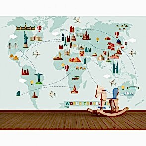 Balonla Dünya Turu Haritası 3 Boyutlu Duvar Kağıdı