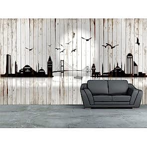 Tahta Duvarda İstanbul Silüeti 3 Boyutlu Resimli Duvar Kağıdı