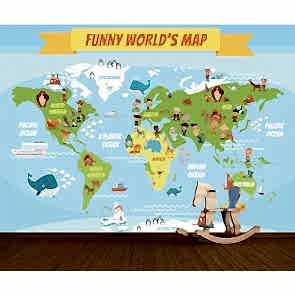 Eğlenceli Dünya Haritası 3 Boyutlu Duvar Kağıdı